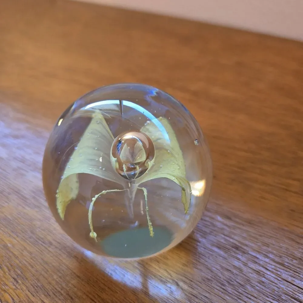 VTG Art Glass Paperweight Yellow Butterfly Design, Light Not Included